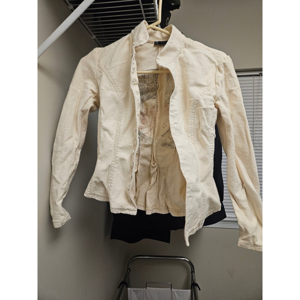 Ralph Lauren Cream Cotton Twill Victorian Peplum Jacket Stand Collar Cream Small
